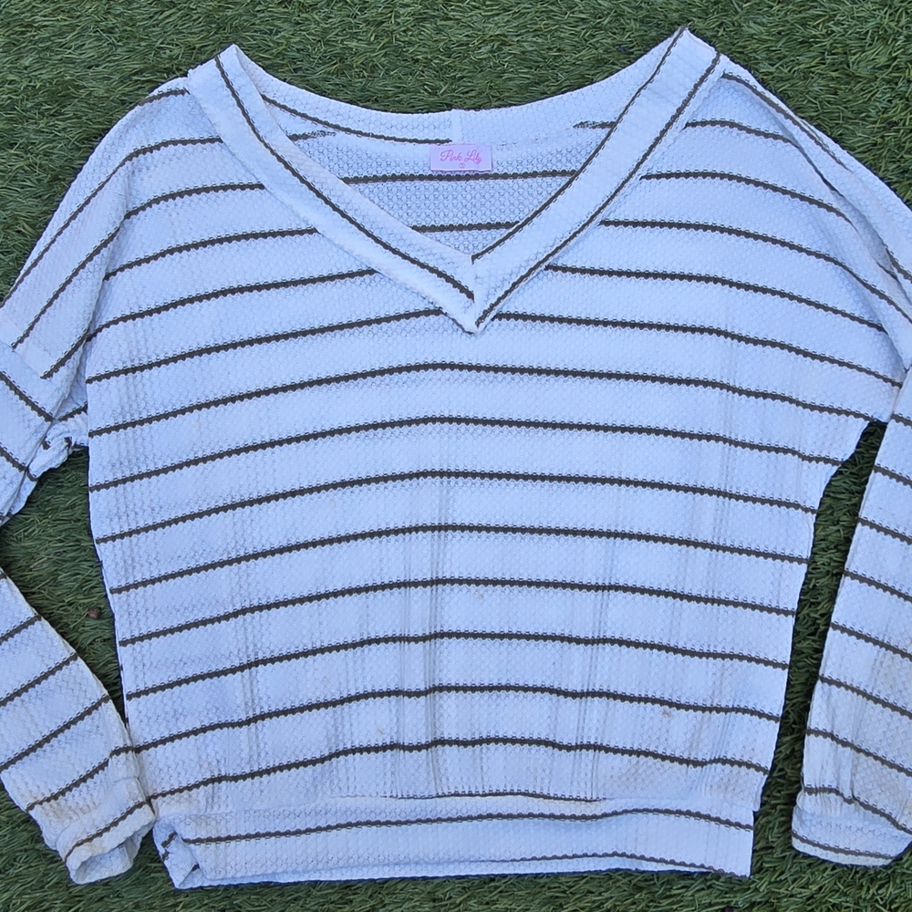 White and Green Striped V-Neck Sweater
